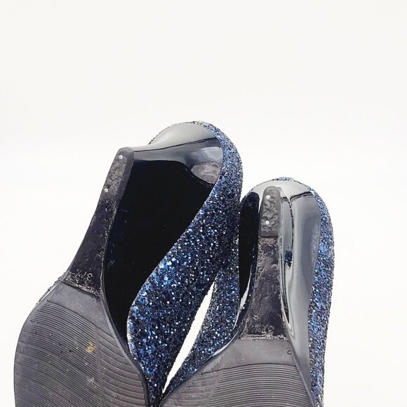 JIMMY CHOO Wedge Heels Blue Glitter BELLO Peep Toe Pumps Size 37.5 - Picture 9 of 9
